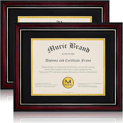 Egofine Diploma Frames 8.5 x 11 with Mat Set of 2 Solid Wood Degree frame Covered by Plexiglass, Certificate Frame 11x14 Without Mat, Picture Frame for Wall and Tabletop, Cherry Red with Gold Edge