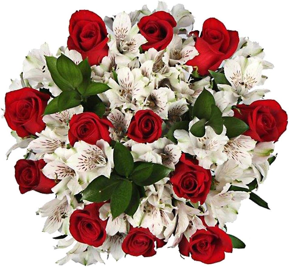 Red and White Flower Bouquet- Roses and Alstroemerias with Greens- Fresh Flower Arrangement