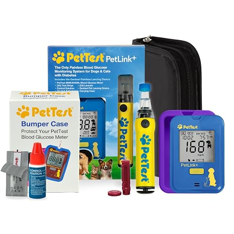 PetLink Painless Pet Glucose Monitoring Kit and Purple Bumper Case for Dogs & Cats, Blood Sugar Check, Includes PetLink+ Meter, 50 Test Strips, Genteel Lancing Device, 50 Lancets