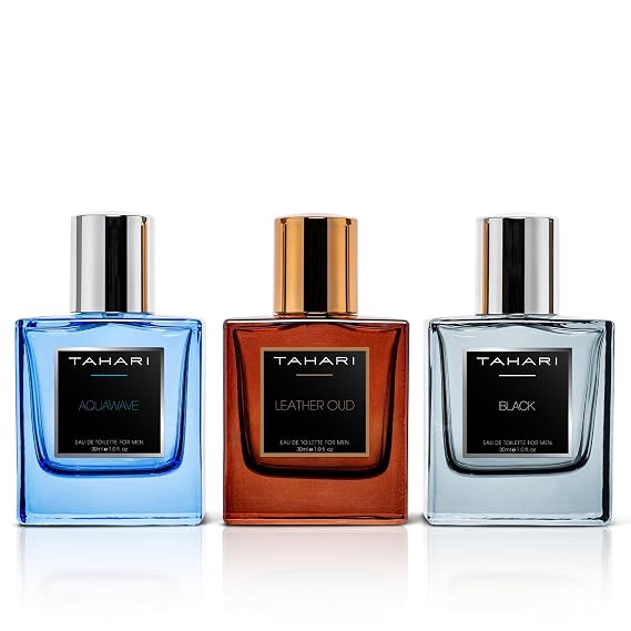 TAHARI Men's Eau de Toilette Trio Set Leather Oud Aquawave & Black 3x30 ml | Long-Lasting Collection With Contemporary Masculine Aromas, Convenient Design and Premium Blend For Daily Use Travel Friendly