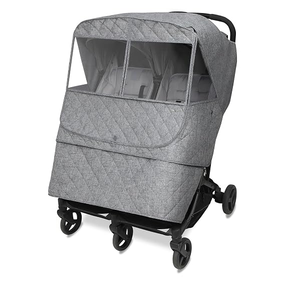 Manito Melange Padded Weather Shield for Twin/Double Strollers, Insulated, Water-Repellent, Thermal Protection for Rain, Snow, Wind & Cold, Fall & Winter (Black Grey)