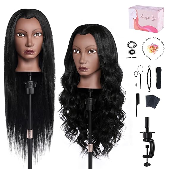 Mannequin Head with 80% Real Hair, 26" Cosmetology Mannequin Manikin Head, Practice Training Doll Head with Clamp Holder and Tools (Black)