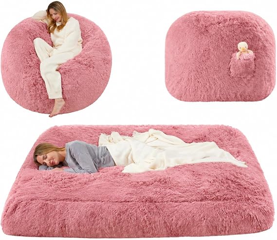 Bean Bag Chair Bed for Adults, Giant Bean Bag Chair Convertible Beanbag Bed, Large Floor Sofa Couch for Living Room, Bedroom, High-Density Foam Filling, Machine Washable (Full, Rose Pink)