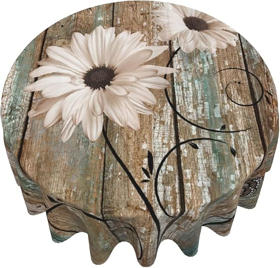 Giwawa Rustic Daisy Tablecloth Round 60 Inch Vintage Sunflowers on Wooden Board Circular Table Cover Shabby Chic Flower Barnwood Table Cloth Washable for Dining Kitchen Parties Cabin Farmhouse Decor