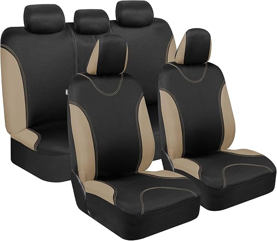 BDK UltraSleek Beige Seat Covers for Cars Full Set, Two-Tone Front Seat Covers with Matching Back Seat Cover, Stylish Car Seat Protectors with Split Bench Design,