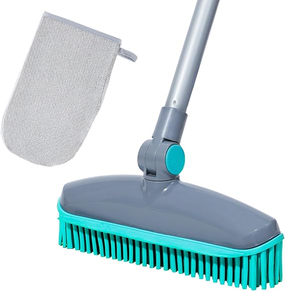 180Rotating Head Rubber Broom with Squeegee for Pet Hair Removal - 51" Iron Handle Fur Remover Rake Brush for Carpet, Hardwood & Tile Floors, Includes Pet Hair Removal Gloves (Blue)