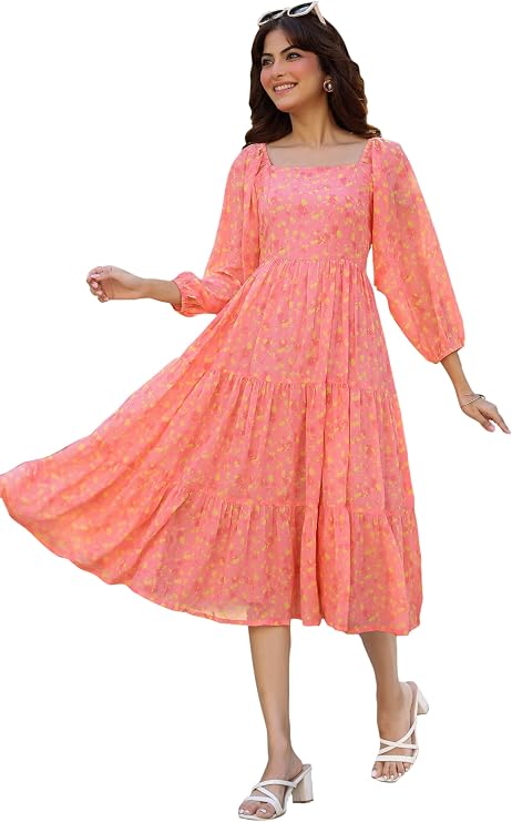 Janasya Women's Georgette Peach Comfort Summer Dress for Women