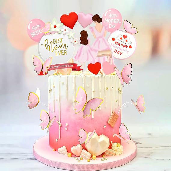 23PCS Happy Mothers Day Cake Topper Pink Red Heart Flower Butterflies Mum Daughter Silhouette Best Mum Ever Cake Decorations for Birthday Mothers Day Cake Party Decorations Supplies