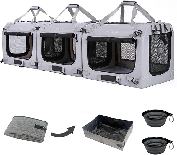 Extra Large Cat Carrier Soft Sided, Portable Small Dog Carrier for 2 Cats, 24"x16.5"x16" Car Travel Folding Comfortable Design with Litter Box and Bowls, Grey-3+ Litter Box+ Bowls