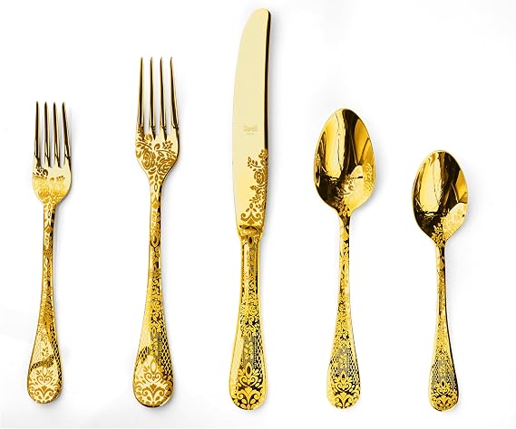 MEPRA 1097CB22020 Oro Cake Flatware Set, [20 Piece, Polished Gold Finish, Dishwasher Safe Cutlery