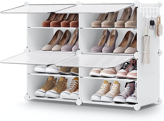 SONGMICS Shoe Rack, 4-Tier with Doors, 16-Pair Storage Cabinet
