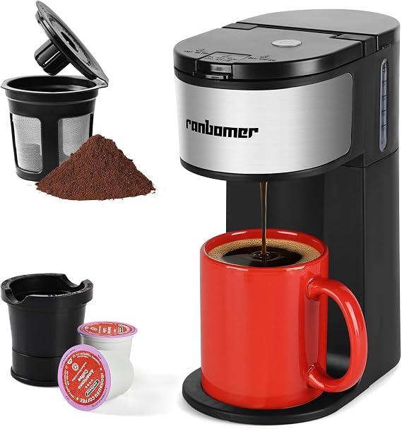 Ranbomer K Cup Coffee Maker, Single Serve coffee machine or Ground Coffee Machine 2 in 1, 6 to 14 Oz Brew Sizes, Mini One Cup Coffee Maker with Self cleaning Function (Black)