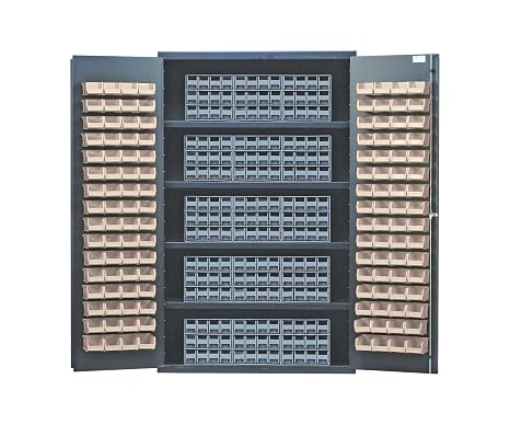 Quantum QSC-BG-QIC122IV Modular Shelving Cabinet with (15) QIC-122 Interlock Drawers and (128) QUS210 Ivory Bins for Industrial Distribution | 400 lb Capacity | 48"W x 24"D x 78"H, Beige, Carbon Steel