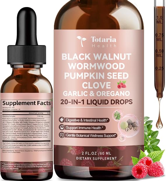 Totaria 20 in 1 Wormwood Black Walnut Clove Cleanse Tincture - Pumpkin Seed,Garlic,Oregano,Berberine - Digestive Health - Gut Friendly -Raspberry Flavor - 2FL