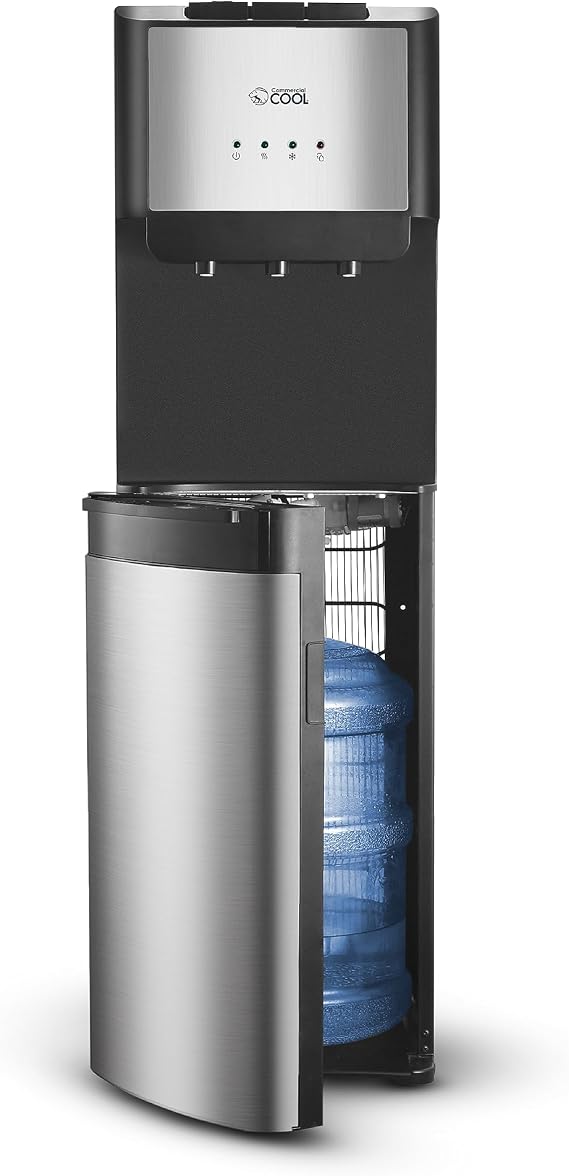 Commercial Cool Bottom Loading Water Dispenser, For 3 or 5 Gallon Water Bottle Jugs, Black with Stainless Steel Door & Trim, Push Button Controls, water cooler dispenses cold, hot or room Bottom | For 3 or 5 Gallon Water Bottle Jugs, Push Button Controls, Dispenses cold, hot or room temperature water