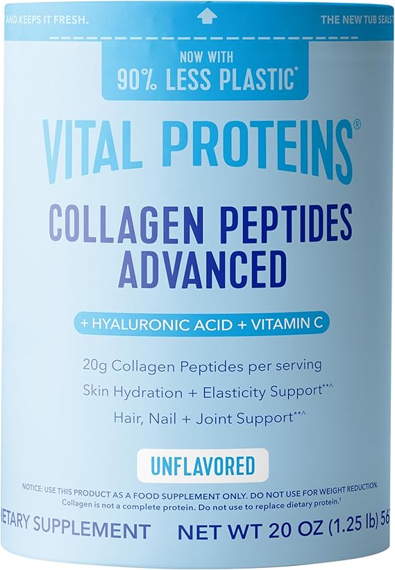 Vital Proteins Collagen Peptides Powder Advanced with Hyaluronic Acid & Vitamin C, 20oz Collagen Protein, Unflavored, 27 Servings