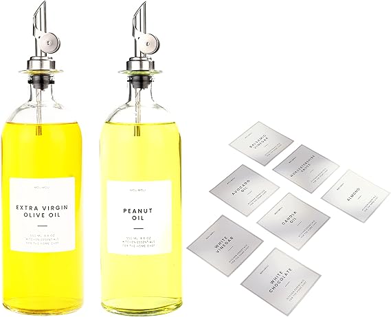 Molimoli Oil and Vinegar Dispenser with Metal Pour Spout, Weighted Pourer, Glass Bottle Dispenser for Kitchen 500ml Silver | Pantry Labels, Organization Labels Set Including Oil Labels for Bottles