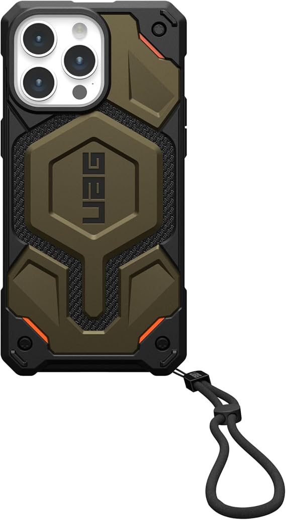 URBAN ARMOR GEAR UAG Designed for iPhone 15 Pro Max Case Monarch Pro Kevlar Element Green 6.7" Compatible with MagSafe Bundle with UAG Paracord Lanyard Adjustable Wrist Strap Black