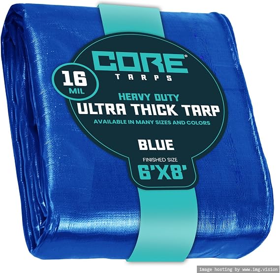 Core Tarps Extra Heavy Duty 16 Mil Tarp Cover, Waterproof, UV Resistant, Rip and Tear Proof, Poly Tarpaulin with Reinforced Edges for Roof, Patio, Pool, Boat (Blue 6 X 8)