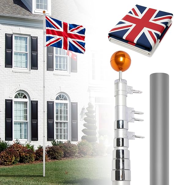 20FT Aluminium Sectional Flagpole Kit with UK Flag, Silver