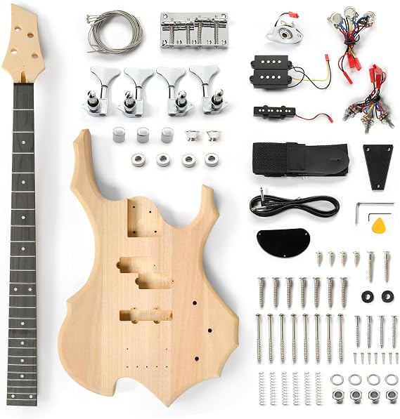 Ktaxon DIY Electric Guitar Kit, 46 Inch DIY Bass Guitar Kit (Flame) | Mahogany Body, Solid Wood Fingerboard and Maple Neck, Easy Installation & All Accessories Included to Build Your Own Guitar