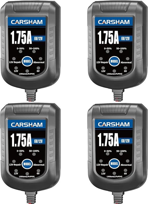 [4-Pack] CARSHAM Trickle Battery Charger 6V 12V Smart Float Charger Automatic Maintainer for Car Motorcycle Lawn Mower Tractor Automotive ATV Lead Acid and Lithium Batteries