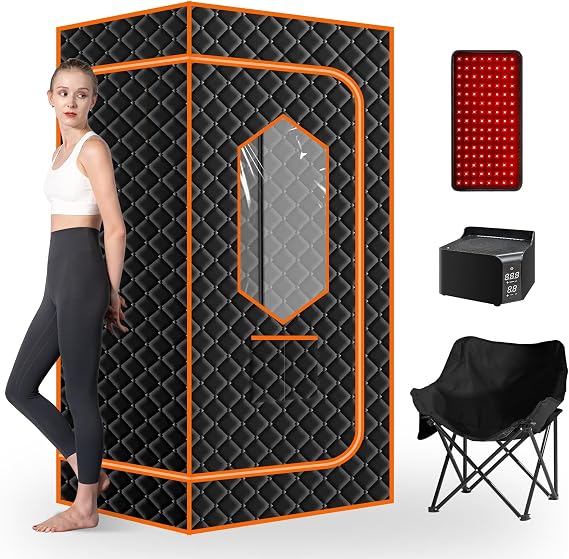 Smartmak Portable Hot Air Sauna, 1 Person Dry Sauna for Home, Indoor Sauna Box, 1500W & 160F Hot Air Sauna, with 660nm Infrarde Red Light Therapy, Folding Chair(Orange, 33.8 * 33.8 * 65.7inch)