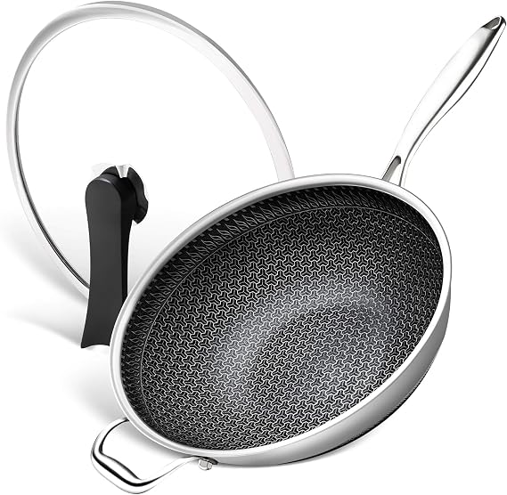 MICHELANGELO Honeycomb Wok Pan with Lid, 12.5 Inch Stainless Steel Woks & Stir-fry Pans with Stay Cool Handle, Flat Bottom Wok with Vertical Lid, Induction Wok, Dishwasher Oven Safe