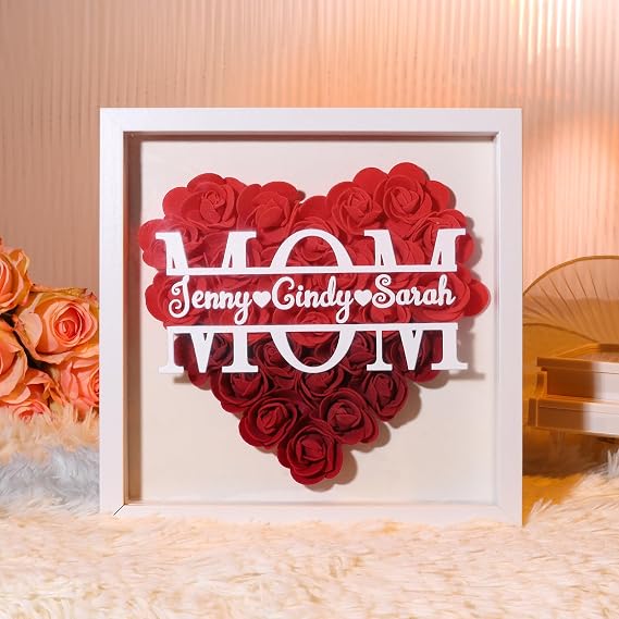 Gift for Mom from Daughter Son - Personalized Mom Flower Shadow Box with Kids Name, Custom Heart Dried Flower Frame Mother's Day Birthday Gifts for Mom Mama Wife (Red)