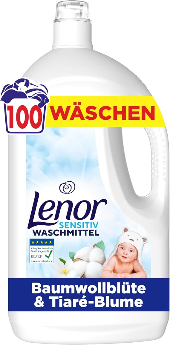 Lenor Sensitive detergent liquid, 100 wash loads, dermatologically tested, certified by ECARF