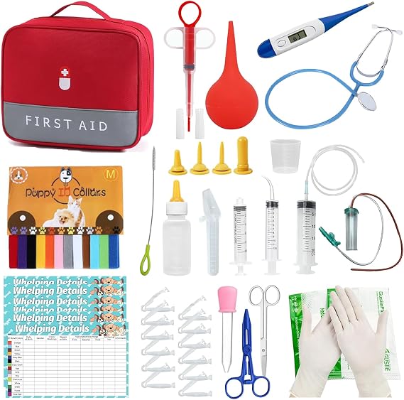Puppy Whelping Kit, Kitten Puppy Whelping Supplies, Newborn Puppy Essentials, Whelping kit for Puppies Birth, Whelping Collars, Digital Thermometer, Stethoscope, Sputum Aspirator and More