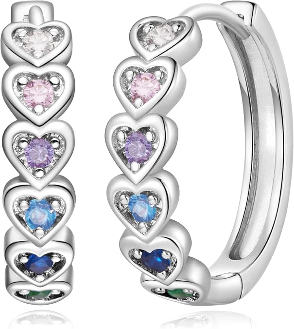 20mm Heart Earring Hoop for Women 925 Sterling Silver Post Multicolor CZ