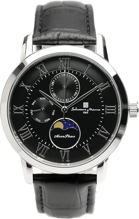 Salvatore Marra Moonphase Multi-Calendar Watch, 5 ATM Waterproof, Business, Formal, Men's Leather Belt, Exclusive Model, Silver, Black SM21106-SSBK