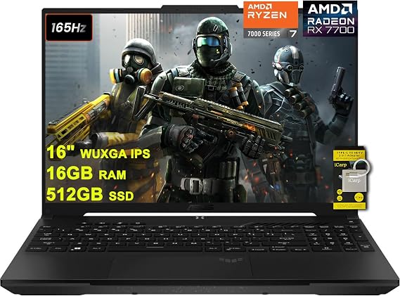 ASUS TUF Gaming A16 Laptop 16" WUXGA 165Hz 100% sRGB AMD 8-core Ryzen 7 7735HS 16GB RAM 512GB SSD Radeon RX 7700S 8GB (>RTX4060) Backlit USB4 Fast Charge AI Noise Cancelation Win11 w/ICP Accessory