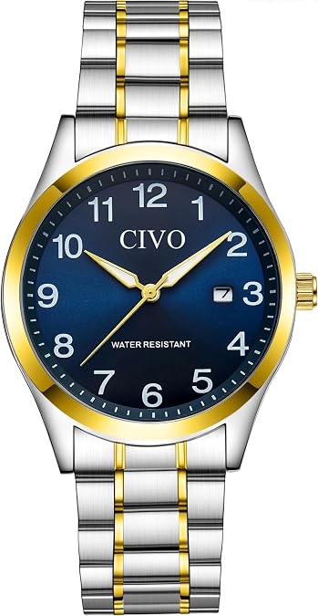 CIVO Silver Analog Watches for Men: Waterproof Quartz Stainless Steel Large Numbers Wristwatch with Luminous Hands Date - Easy to Read for Seniors Low Vision Gifts for Him | Clear Large Numbers Date Luminous Waterproof - Minimalist casual business design, daily watch for students & office workers