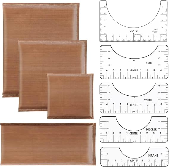 9 Pack Heat Press Pillow Mat Kits - 4 Size Teflon Heat Pressing Transfer Pillows with 5 Size Tshirt Ruler Guide for Vinyl Alignment