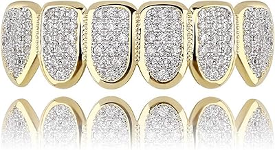 JINAO Grillz Grills for Your Teeth Simulated Diamond Teeth Grillz with Extra Molding Bars Included 18K Gold Plated All Iced Out Cubic Zirconia Golden Teeth for Men Women