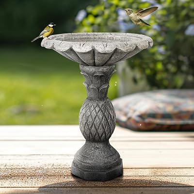 watnature 24.8 H Cement Modern Outdoor Bird Bath - Fibre Reinforced Concrete Bird Baths for Garden, Large Size Elegant Carved Garden Birdbaths with Pedestal for Patio, Backyard, Lawn Decor