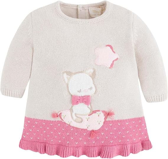 Mayoral Newborn Baby Girl Angora Blend Intarsia Knit Sweater Dress, Kitty Cat/Stone, 0-1 Months