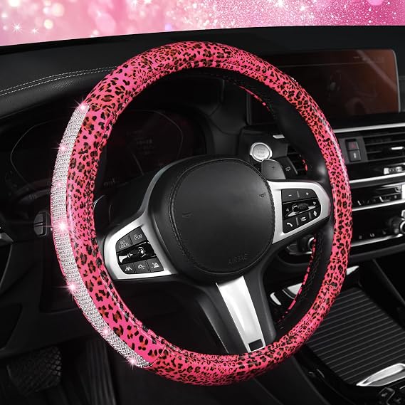 AUTOYOUTH Pink Bling Leopard Steering Wheel Cover Cheetah Print for Women