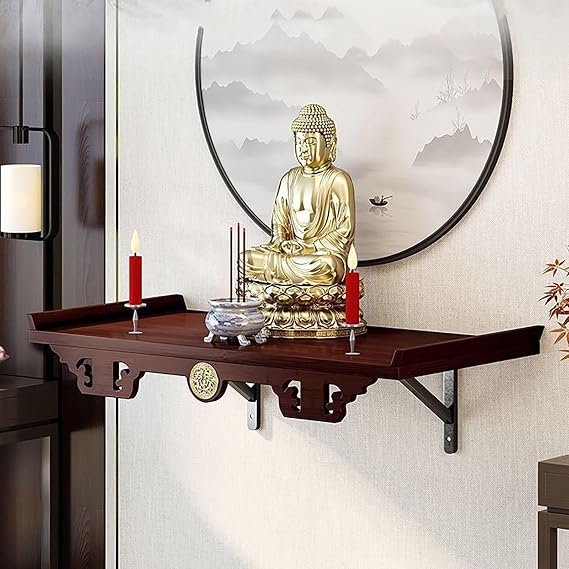 Wall-mounted Personal Shrine Altar Table,Buddhist Altar Shrine Prayer Stand,Bam boo puja table meditation storage table,Wall-Mounted Buddha Statue Stand Shrine(40*25cm/15.7*9.8in,Dark brown)