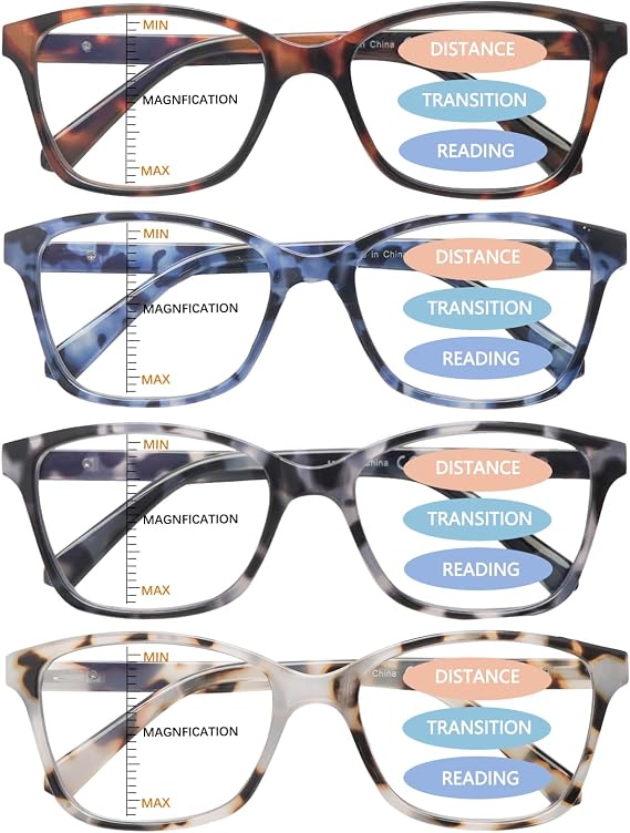 4 Pack Progressive Multifocus Reading Glasses for Women Men Spring Hinge Blue Light Blocking Readers