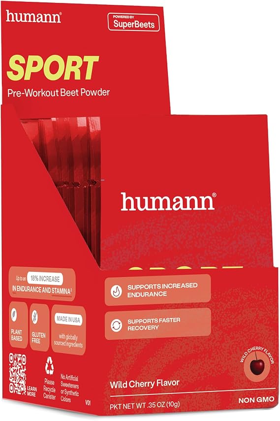 HumanN SuperBeets Sport Endurance Pre Workout Powder, Nitric Oxide Supplement, Stimulant & Caffeine Free, Made with Beet Root, Wild Cherry, 10 Count Packets