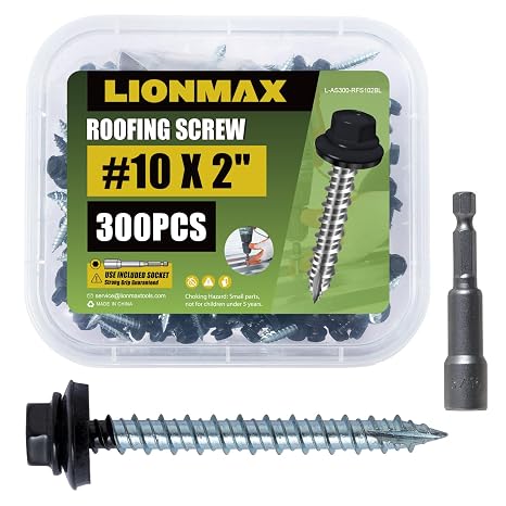 LIONMAX Metal Roofing Screws #10 x 2 Inch, 300PCS, Black with Rubber Washer