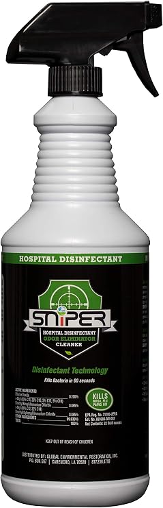 SNiPER Hospital Disinfectant, Odor Eliminator & All-Purpose Cleaner, Made in the USA, 32 Ounce Spray