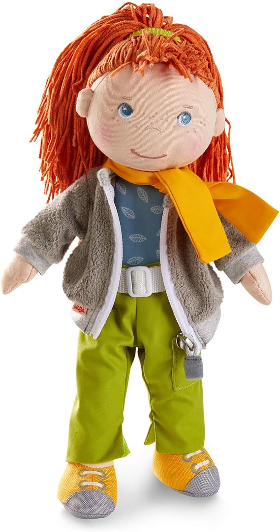 HABA 12" Soft Doll Soley with Red Hair, Outdoor Adventure Outfit and Embroidered Face, Machine Washable Baby Doll with Clothes and Baby Dolls for 18 Months and up