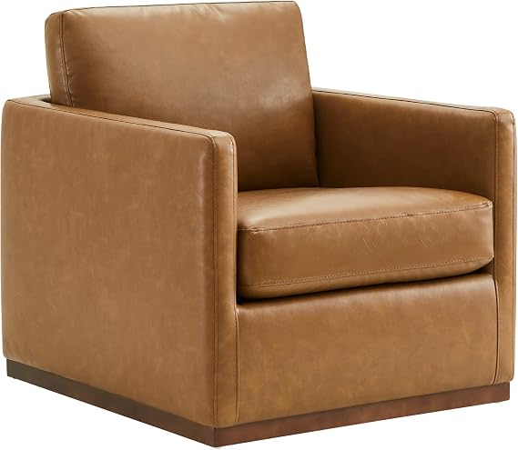 CHITA Faux Leather Swivel Accent Chair, Fully Assembled, Saddle Brown | Leather Arm Chair with 360 Swivel Solid Wood Base, Mid Century Modern Living Room Chair, 33"Dx30"Wx33"H, 300 Lb Capacity
