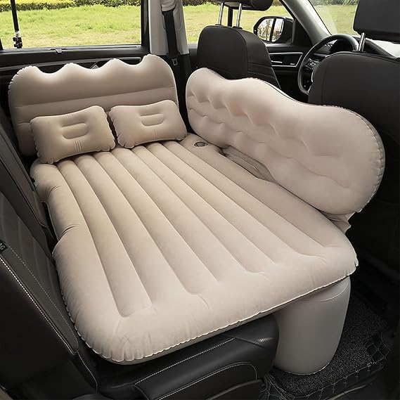 Car Air Mattress Back Seat Truck, Inflatable Blow Up Bed with 2 Pillows and Electric Car Air Pump Portable Sleeping Pad for Travel Camping (Beige)