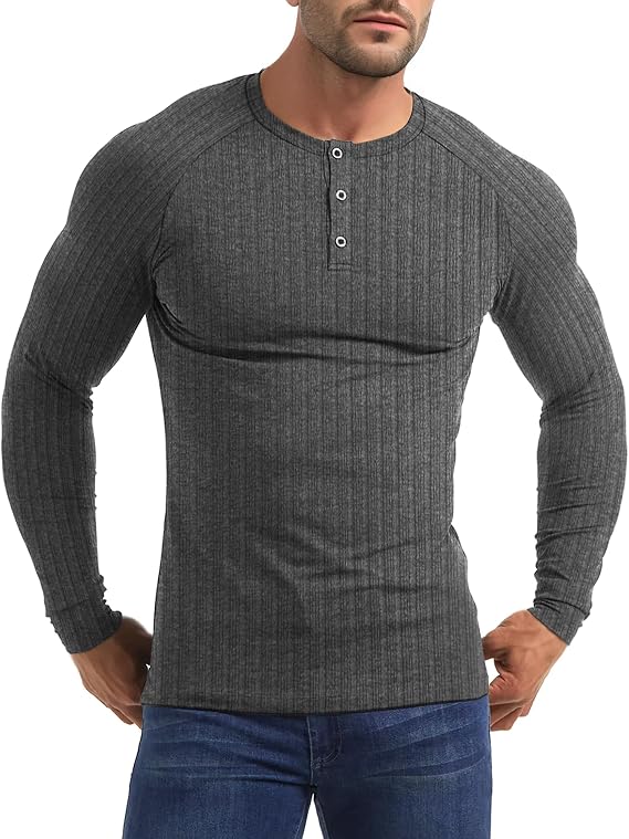 Men's Muscle Slim Henley Shirts,Cotton Casual Short,Long Sleeve Lightweight Button Business Underwear T-Shirts