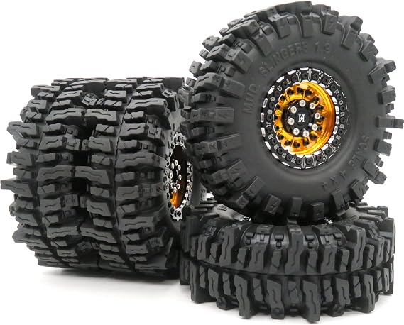 HOBBYSOUL 1.9 Mud Slingers Tires 4.72'' / 120mm & Aluminum 1.9 Beadlock Wheels Gold Black for 1/10 Crawler Truck Axial SCX10 Traxxas TRX-4 Redcat Gen8 Tamiay CC01, (4-Pack, Assembled)